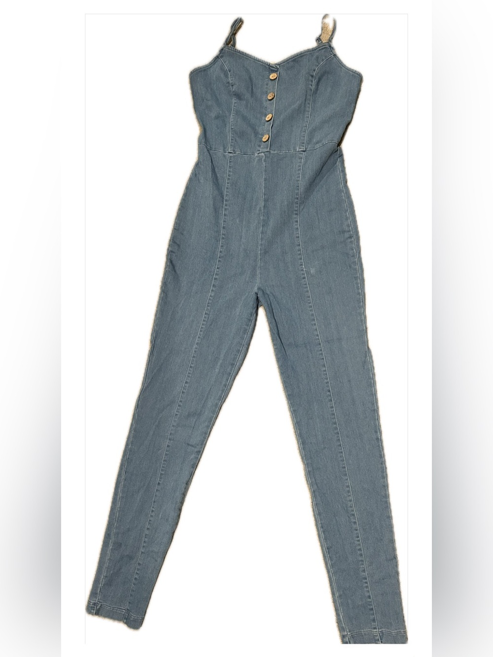 Button-Front Skinny Denim Jumpsuit - Light Blue